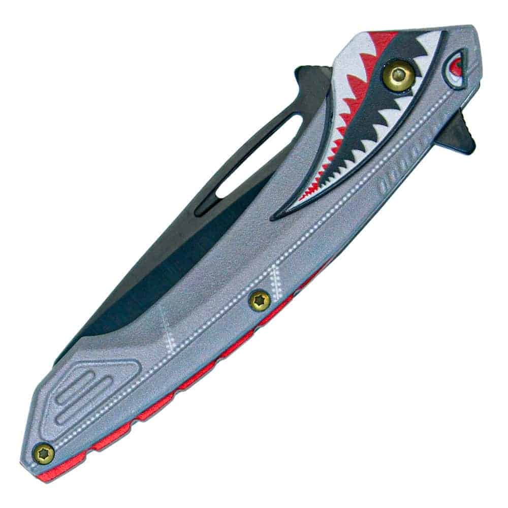 Assisted Open Folding Knife Flying Shark Design, 3 Inch 3Cr13 Steel Blade, Unique Artistic Graphics, 7.5 Inch Overall, Collector EDC Piece, Gray or Green - Image 3