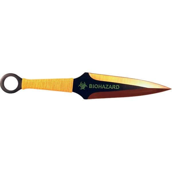 2 Piece Throwing Knife Set, 9 Inch BioHazard Design, Black and Yellow, 440 Stainless Steel Construction, Nylon Sheath Included, Target Practice Knives, Sport Throwing, Balanced Weight Distribution