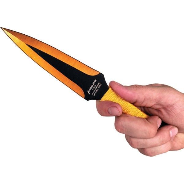 2 Piece Throwing Knife Set, 9 Inch BioHazard Design, Black and Yellow, 440 Stainless Steel Construction, Nylon Sheath Included, Target Practice Knives, Sport Throwing, Balanced Weight Distribution - Image 3