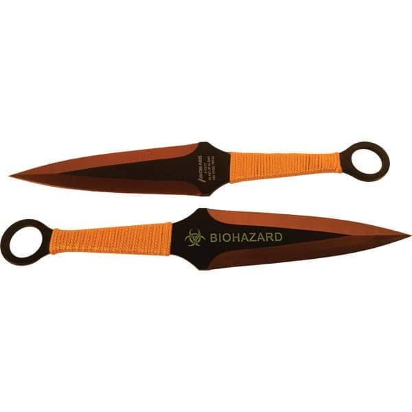 2 Piece Throwing Knife Set, 9 Inch BioHazard Design, Black and Yellow, 440 Stainless Steel Construction, Nylon Sheath Included, Target Practice Knives, Sport Throwing, Balanced Weight Distribution - Image 2