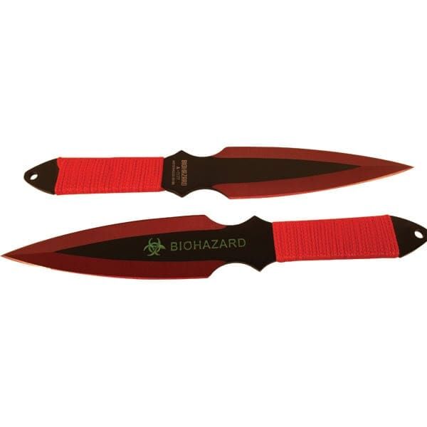 2-Piece Throwing Knife Set BioHazard Design, 9 Inch 440 Steel Blades, High-Visibility Green or Red Color, Nylon Sheath Included, Target Practice and Collection - Image 2