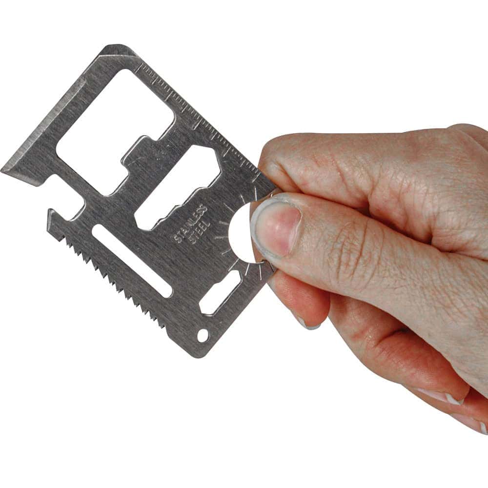 Multi-Function Survival Card, 11-in-1 Tool, Credit Card Size, Stainless Steel Construction, Knife Blade, Can Opener, Screwdrivers, Saw Edge, Emergency Preparedness, Leatherette Pouch Included