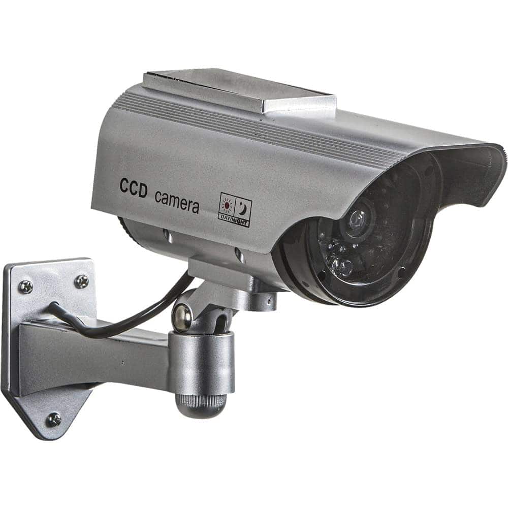 Solar Powered Dummy Camera with Flashing LED Light, Maintenance-Free Operation, Weather Resistant ABS Plastic Housing, Rain Shield, Silver Design, Window Warning Sticker, Security Deterrent