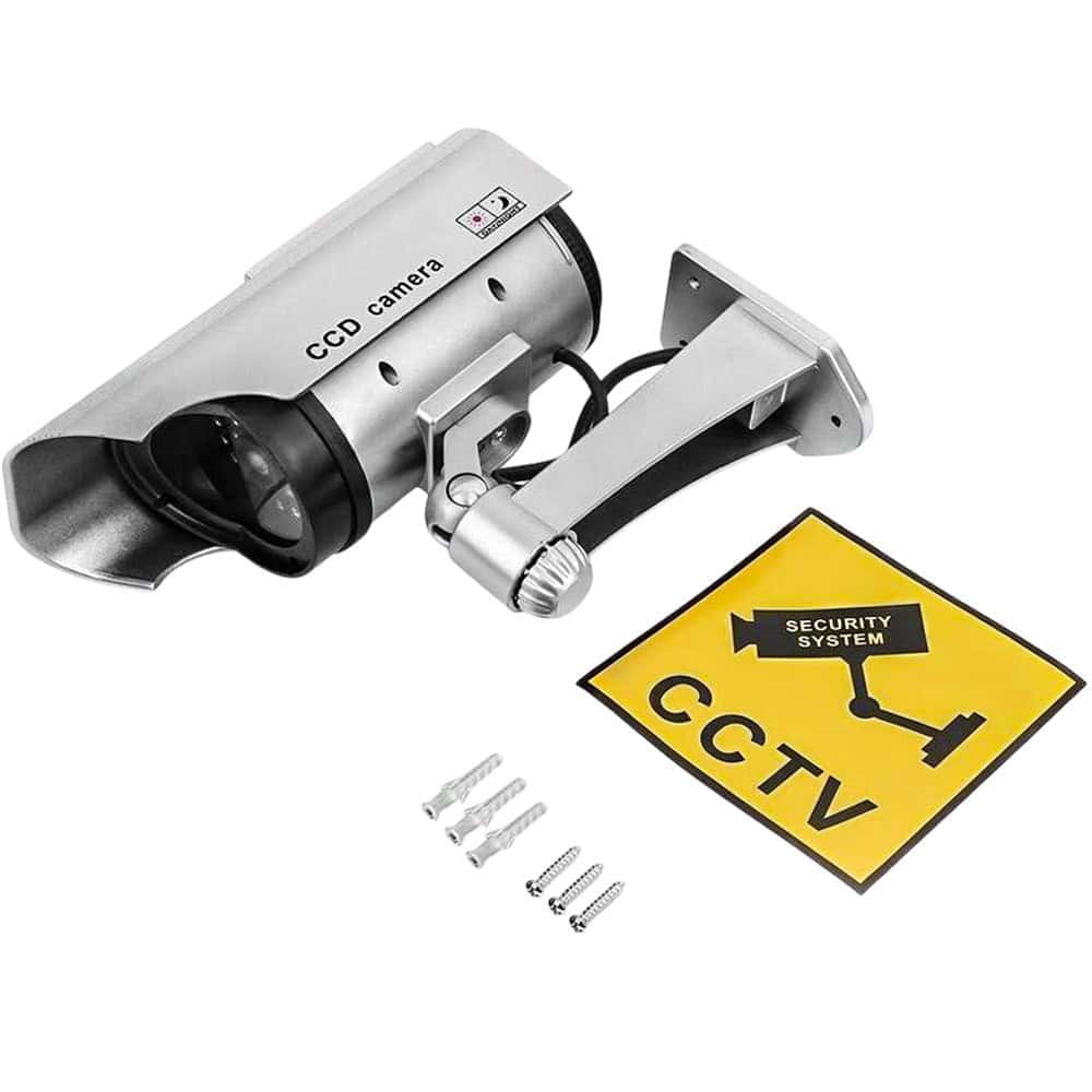 Solar Powered Dummy Camera with Flashing LED Light, Maintenance-Free Operation, Weather Resistant ABS Plastic Housing, Rain Shield, Silver Design, Window Warning Sticker, Security Deterrent - Image 2